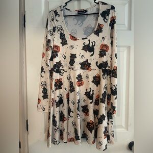 Sourpuss Cream Dress with Black Cats and Orange Pumpkins